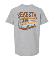 Gray t-shirt with 'Seasta Surf Co' graphic on a white background