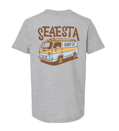 Gray t-shirt with 'Seasta Surf Co' graphic on a white background