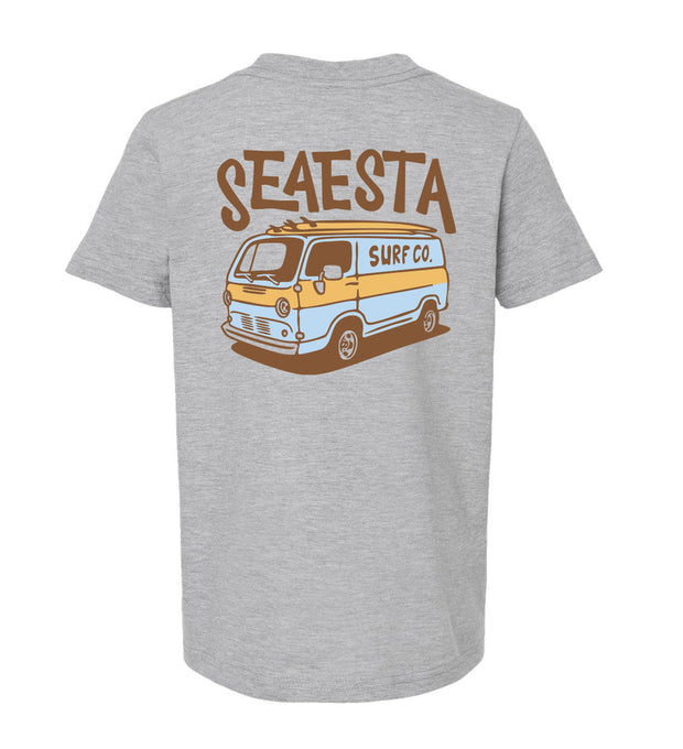 Gray t-shirt with 'Seasta Surf Co' graphic on a white background